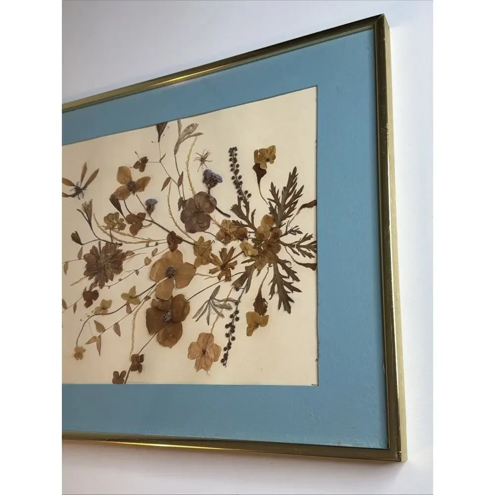 Vintage Gold Framed Pressed Flower Art - Real Dried Botanicals